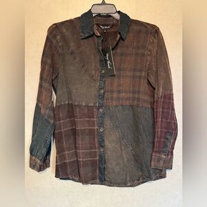 Patchwork Button Down Shirt - Brown and Gray